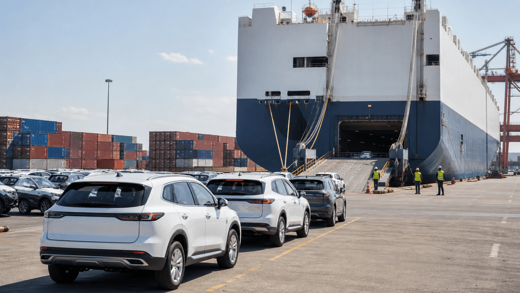 Vehicles prepared for Ro-Ro export loading at a port