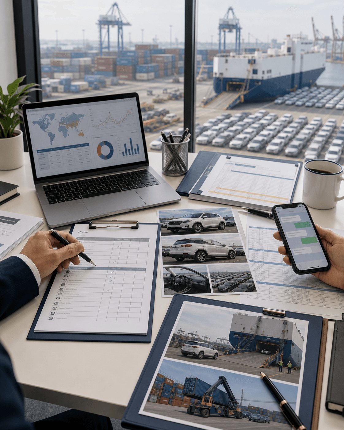 Vehicle export support workflow with documents, inspection photos and logistics communication
