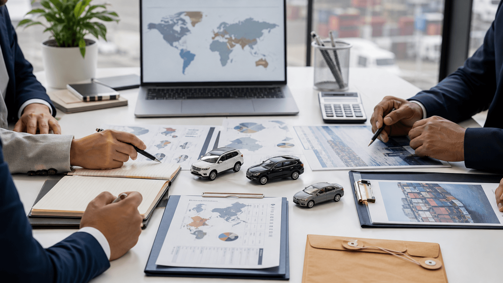 B2B vehicle sourcing meeting with market planning documents