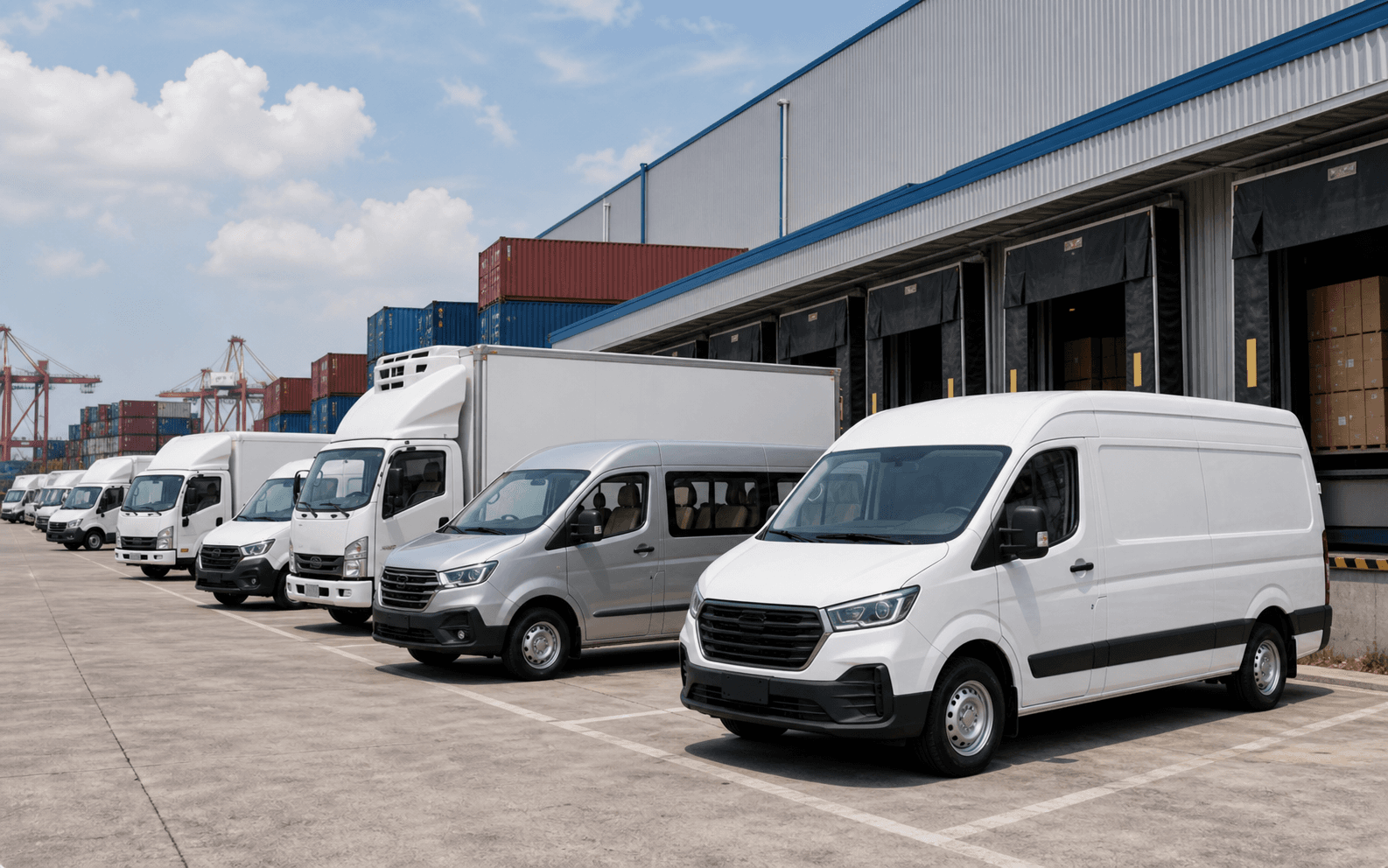 Vans and light commercial vehicles staged near logistics docks