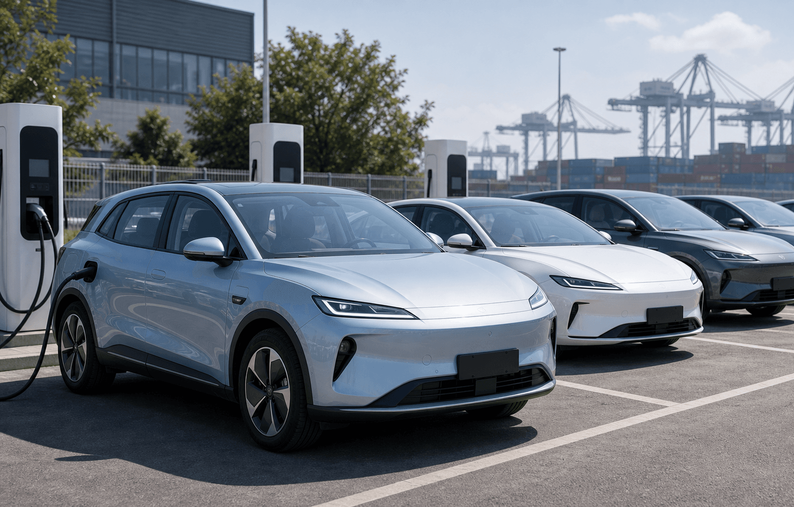 Electric vehicles staged with charging equipment for export sourcing
