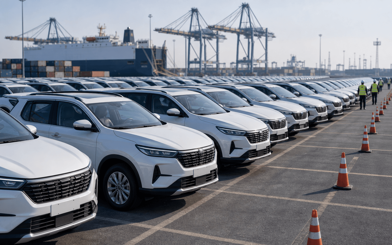 Repeated fleet vehicles lined up for overseas buyer delivery