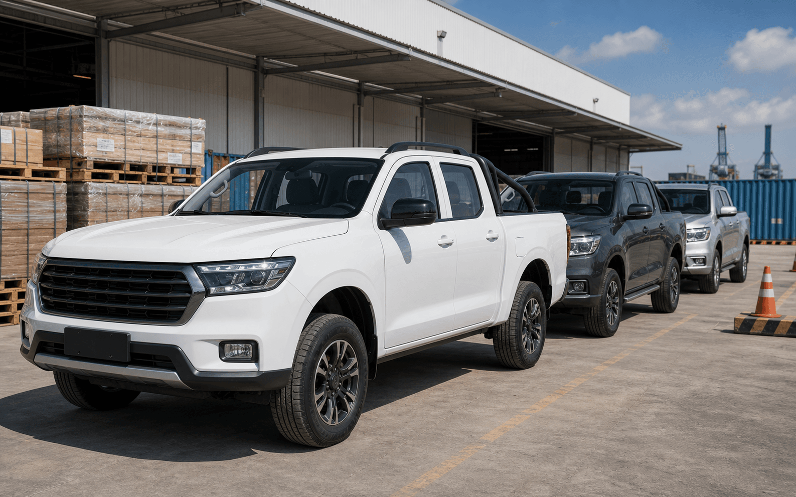 Pickup trucks in an export yard for commercial and utility sourcing